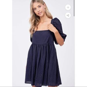 Navy Eyelet Square neck babydoll dress - L - NWT